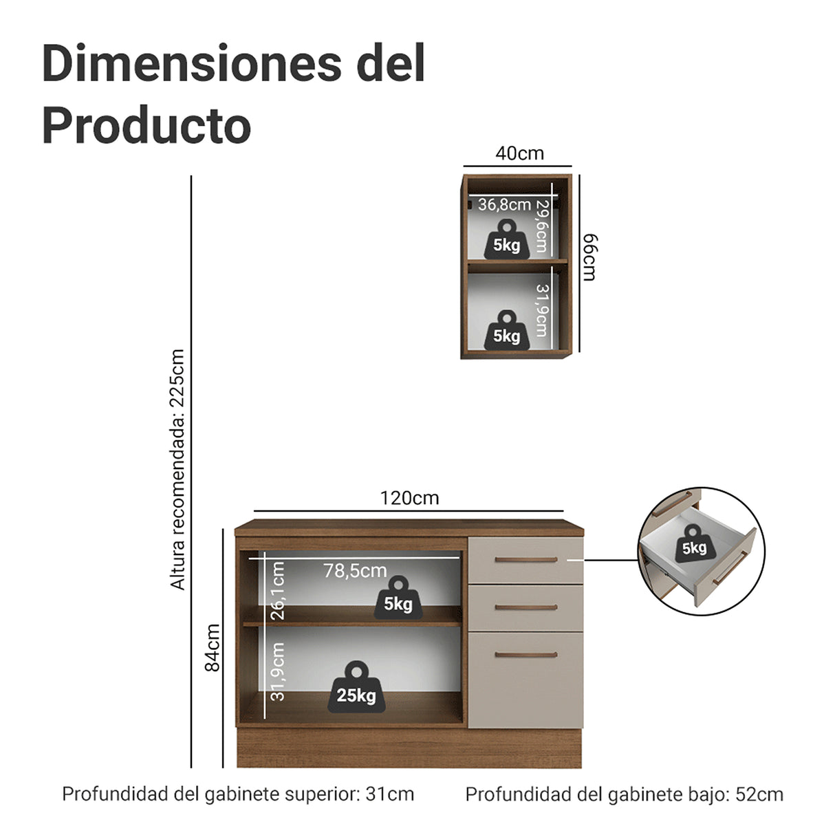 Mueble para Baño Agata Marrón y Crema 120x225cm Individual sin Lavamanos con Tres Cajones y Tres Puertas