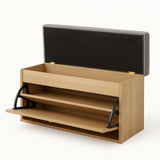 Zapatero Gris yFresno 80x47cm Horizontal de Dos Niveles con Asiento Integrado y para Ocho Pares