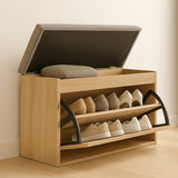 Zapatero Gris yFresno 80x47cm Horizontal de Dos Niveles con Asiento Integrado y para Ocho Pares