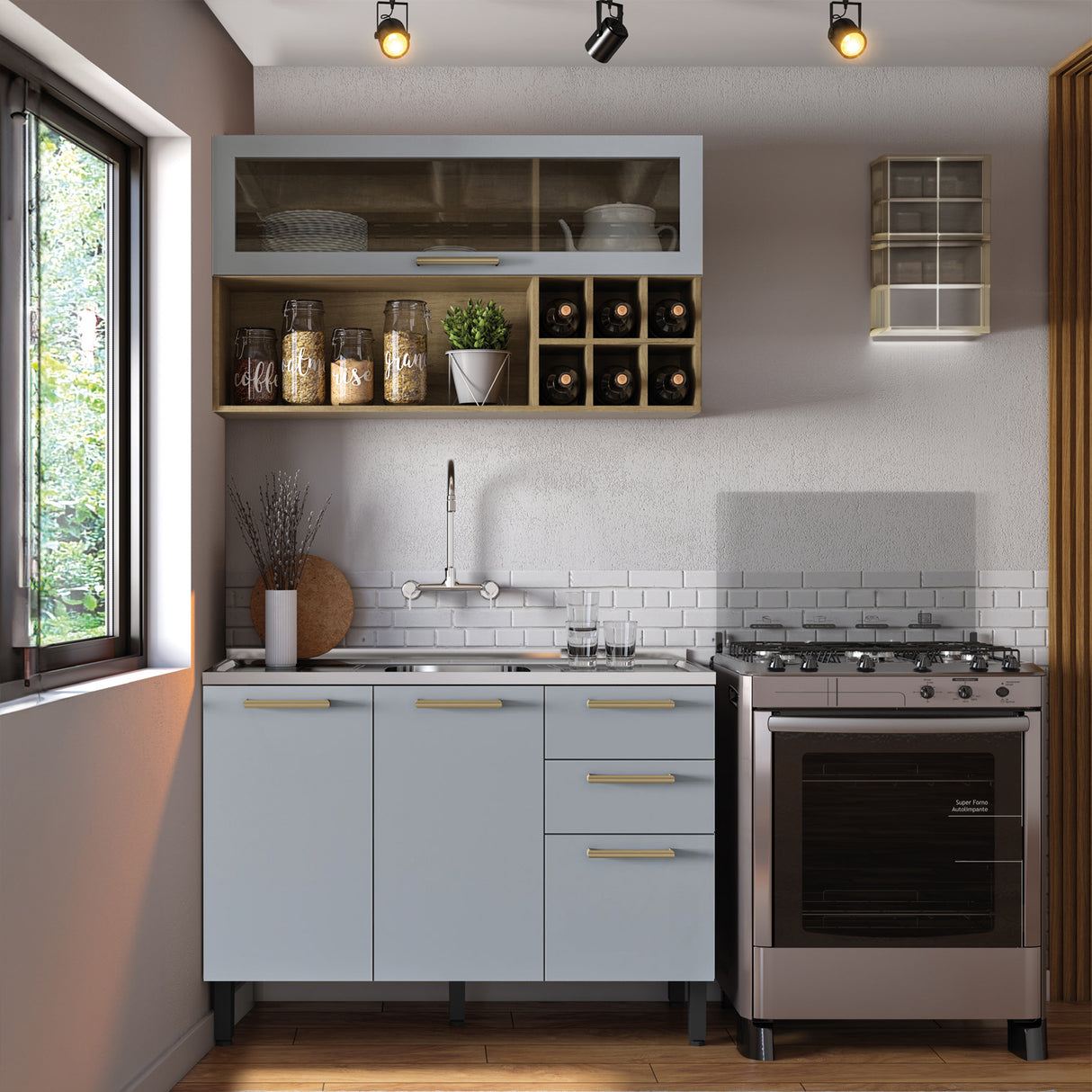 Cocina Integral Axe Arena Gris 120x153cm con Mesón de Acero Inoxidable de Pozuelo Centro sin Estufa