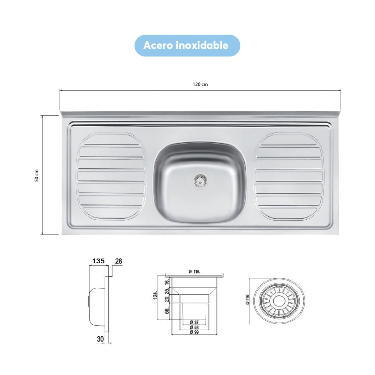 Cocina Integral Axe Blanco 120x153cm con Mesón de Acero Inoxidable de Pozuelo Centro sin Estufa