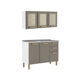 Cocina Integral Bella Cemento 120x138cm con Mesón de Acero Inoxidable de Pozuelo Centro sin Estufa y con Puerta de Rattan