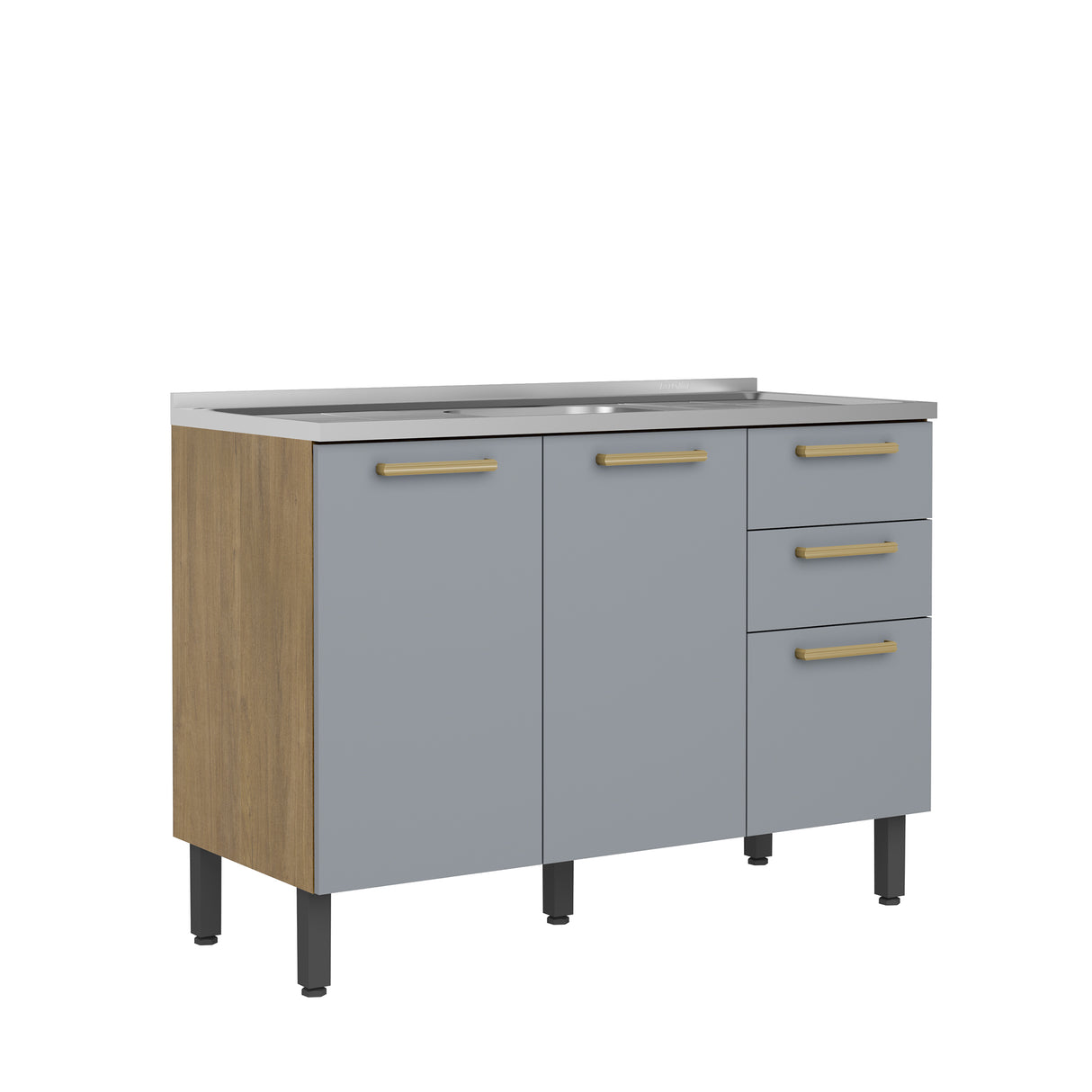 Mueble Inferior de Cocina Axe Arena Gris 120x85.5cm con Mesón de Acero Inoxidable de Pozuelo Centro y sin Estufa