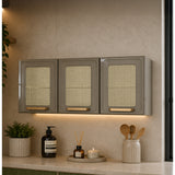 Mueble Superior de Cocina Essencia Cemento 120x52cm con Un Entrepaño y Tres Puertas de Rattan Claras