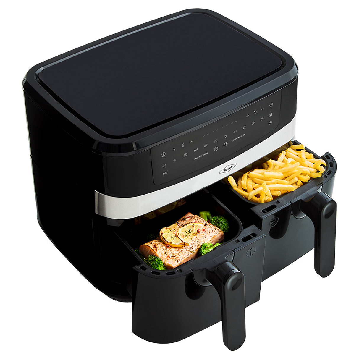 Freidora de Aire Haceb Negro 44.5x32.8cm de 8 Litros con Pantalla Digital con Dos Compartimientos de Cocción y con 12 Funciones Preconfiguradas