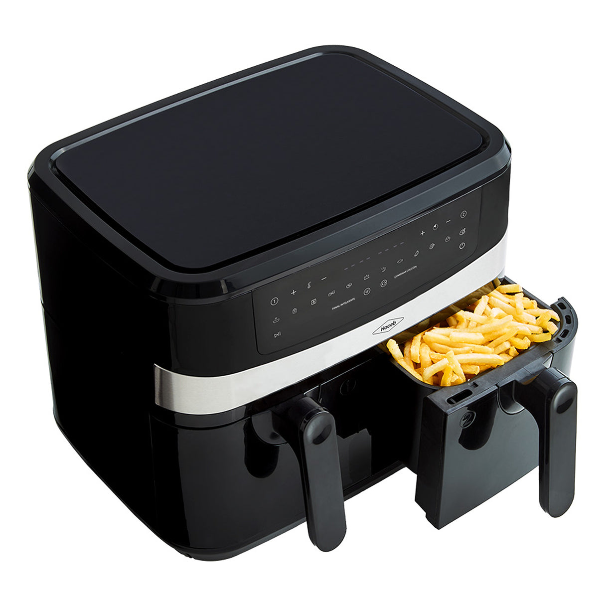 Freidora de Aire Haceb Negro 44.5x32.8cm de 8 Litros con Pantalla Digital con Dos Compartimientos de Cocción y con 12 Funciones Preconfiguradas