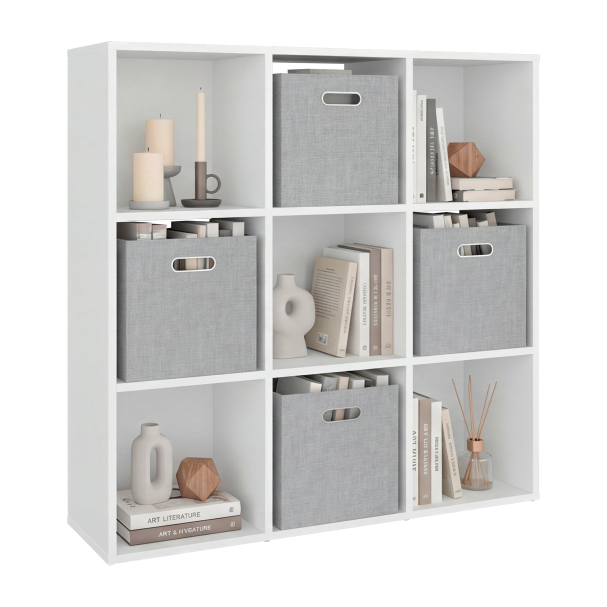 Mueble Organizador Lena Blanco 92x92cm de Tres Hileras con Cuatro Cajas de Tela