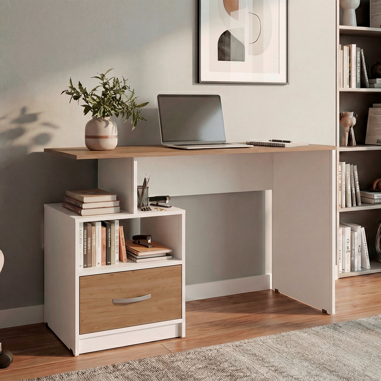 Escritorio Kenly Fresno y Blanco 120x75cm con Un Cajón