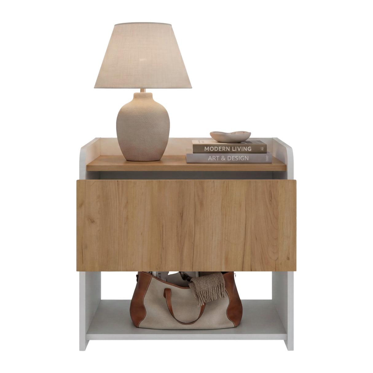 Mesa de Noche Fidelis Blanco y Fresno 52x50.6cm con Un Cajón y Un Compartimiento