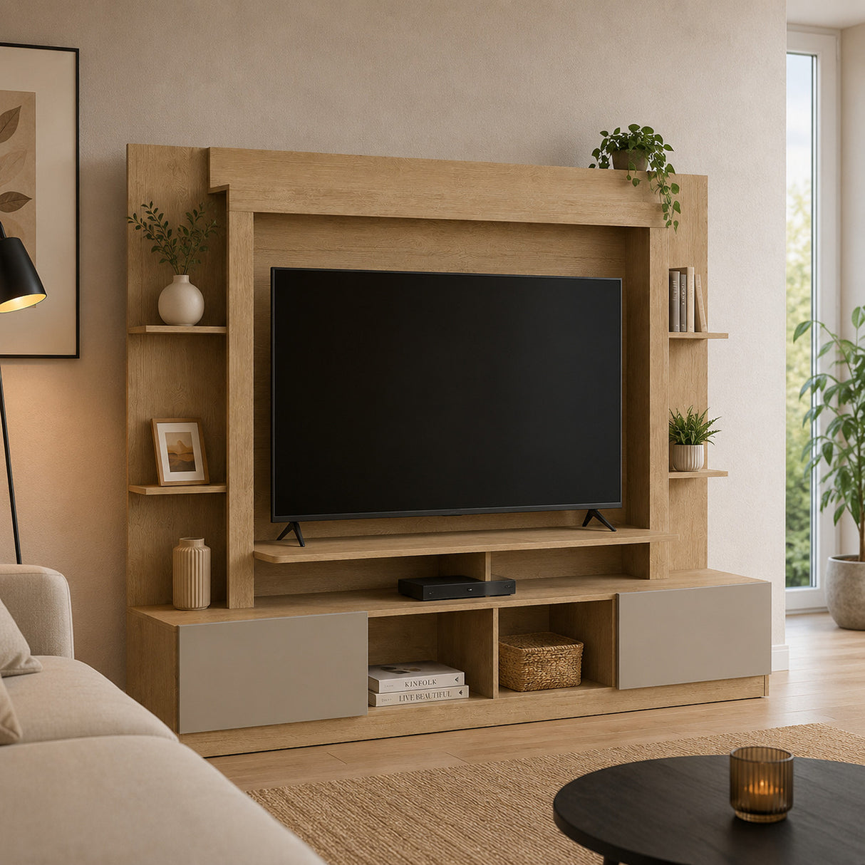 Centro de Entretenimiento Castaño 213x171cm para TV Hasta 65" Pulgadas con Trece Compartimientos con Ranura para Cables