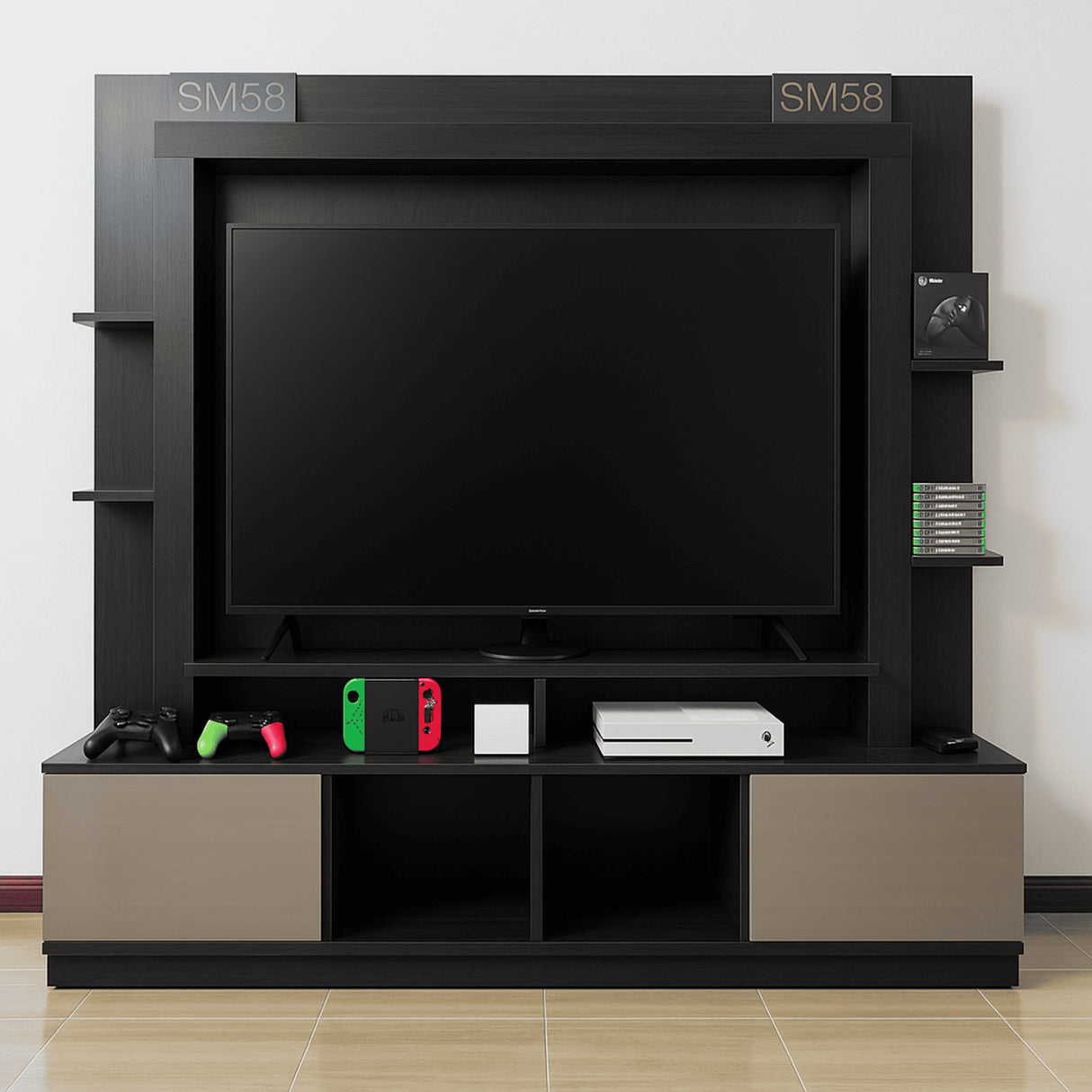 Centro de Entretenimiento Negro 213x171cm para TV Hasta 65" Pulgadas con Trece Compartimientos con Ranura para Cables