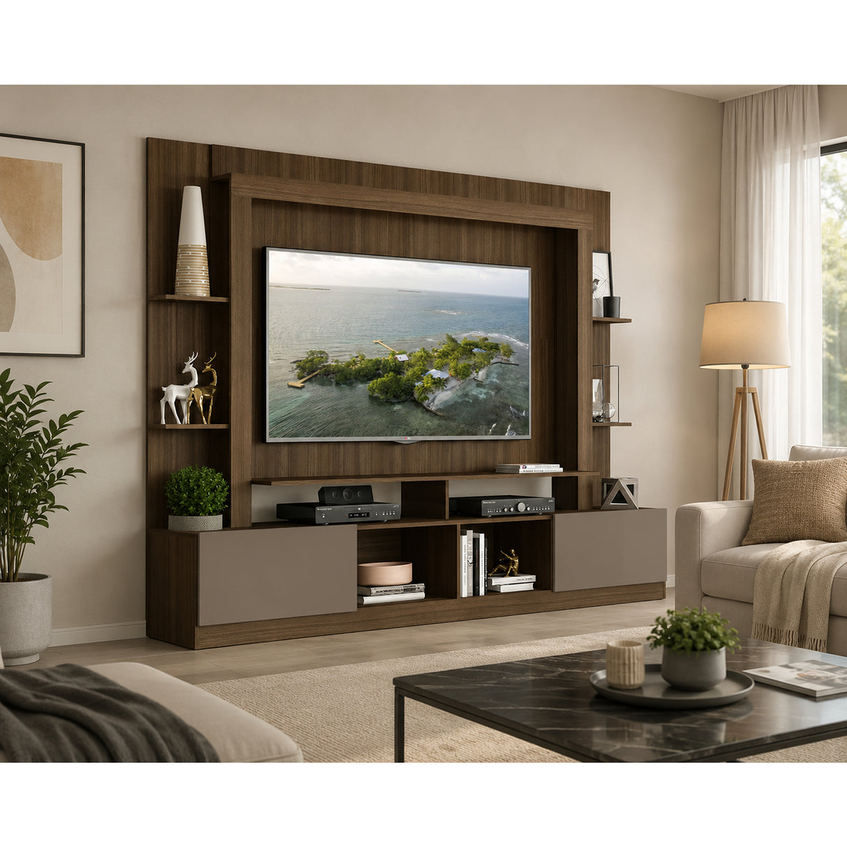 Centro de Entretenimiento Café 213x171cm para TV Hasta 65" Pulgadas con Trece Compartimientos con Ranura para Cables