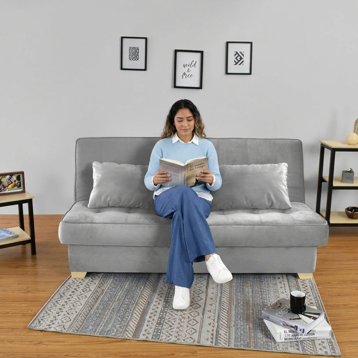 Sofacama Cambridge Plata y Matiz Natural 185x90cm de Tres Puestos Reclinable con Almacenamiento y sin Apoya Brazos