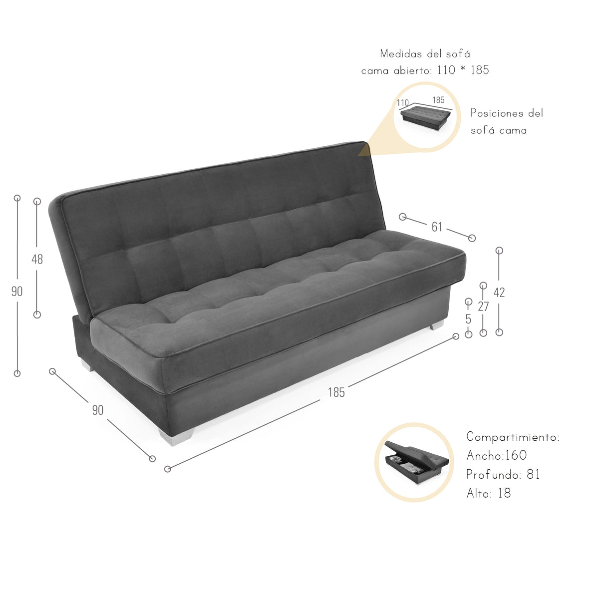 Sofacama Cambridge Plata y Matiz Natural 185x90cm de Tres Puestos Reclinable con Almacenamiento y sin Apoya Brazos