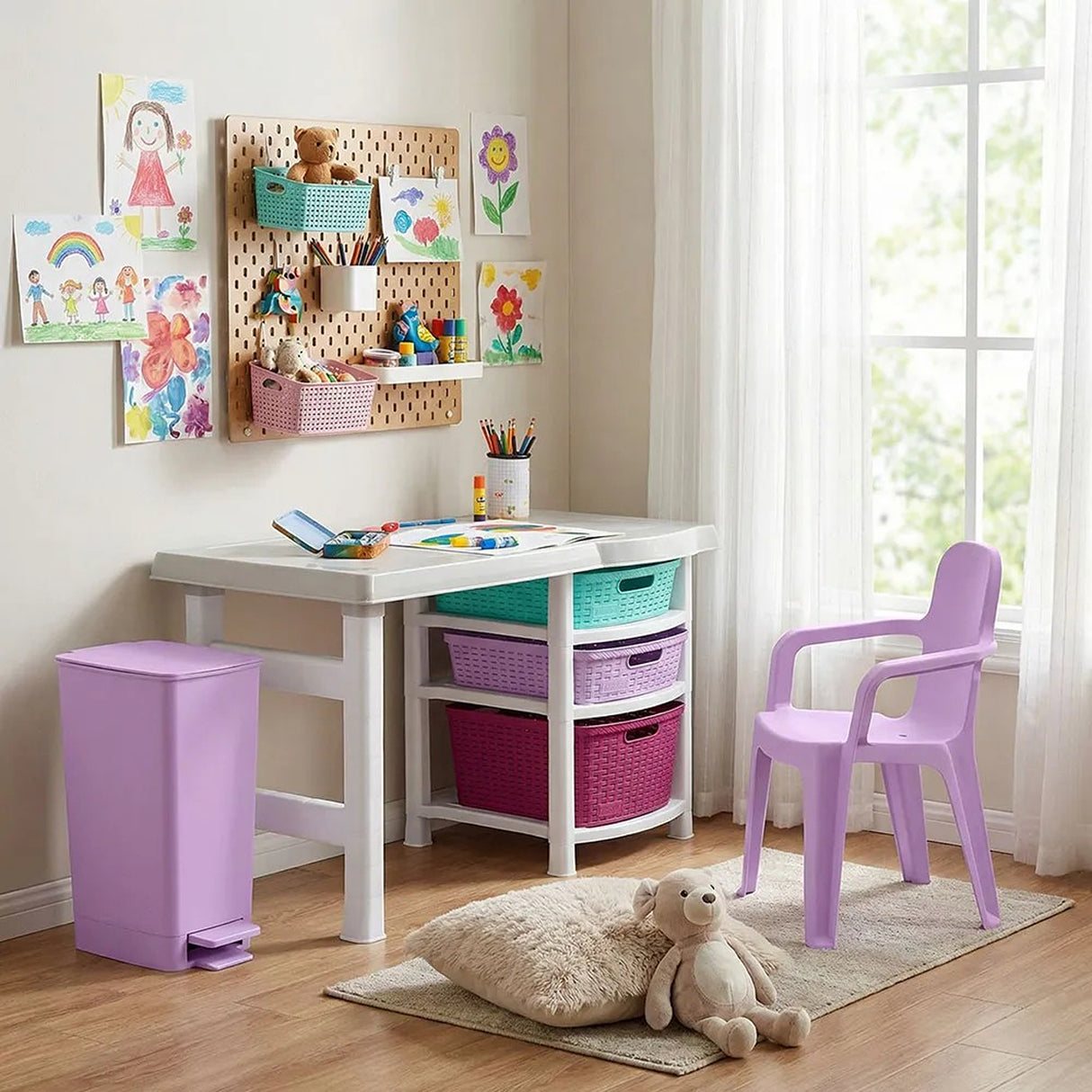 Combo Estudio Infantil Blanco y Lavanda 88x50cm con Un Escritorio Una Silla y Una Basurera