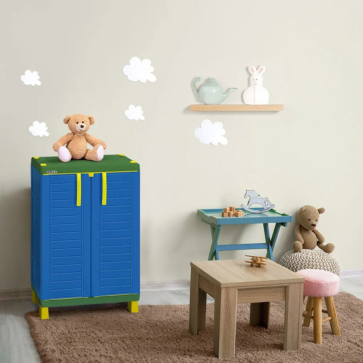 Combo Estudio Infantil Blanco y Azul 88x50cm con Un Escritorio Una Silla y Un Armario