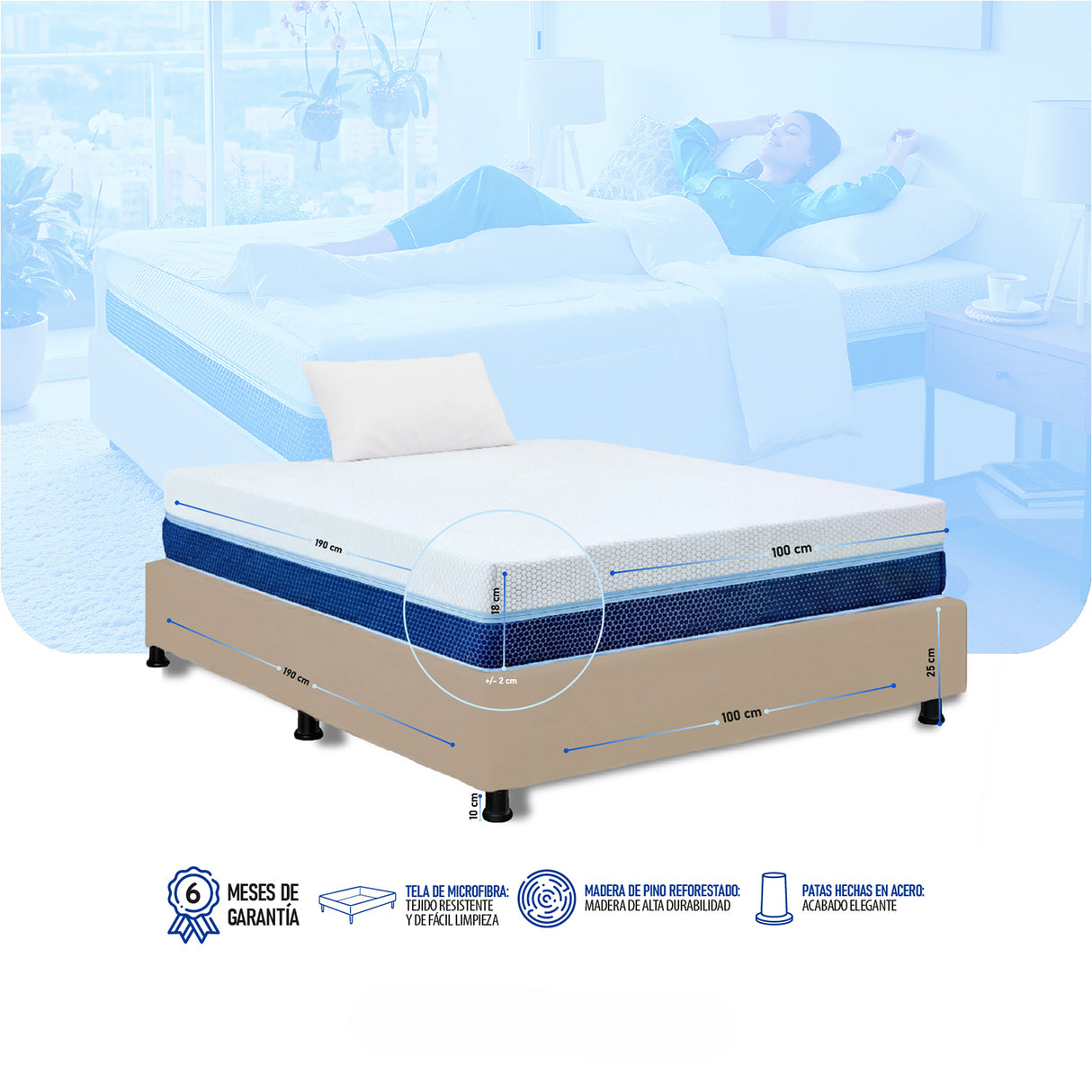 Combo Base Cama y Colchón Enrollado Multisleep Blanco y Arena Sencillo 100 X 190 Cm Firmeza Medio Doble Faz