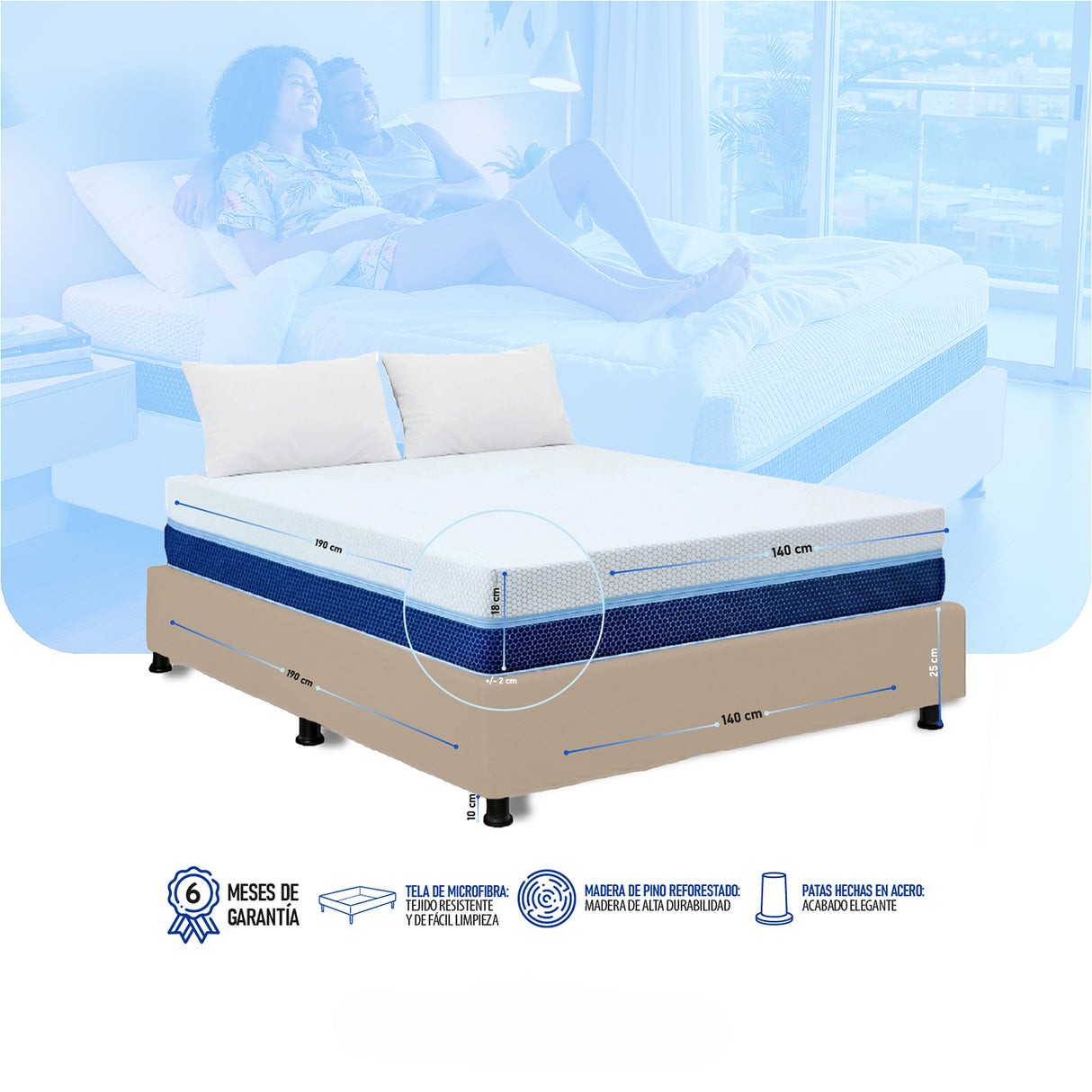 Combo Base Cama y Colchón Enrollado Multisleep Blanco y Arena Doble 140 X 190 Cm Firmeza Medio Doble Faz