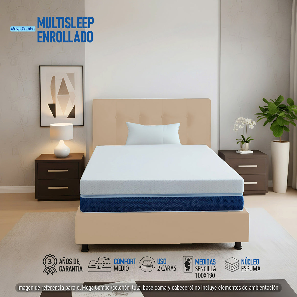 Combo Colchón Enrollado Multisleep Blanco y Arena Sencillo 100 X 190 Cm Firmeza Medio Doble Faz Con Cabecero y Base Cama