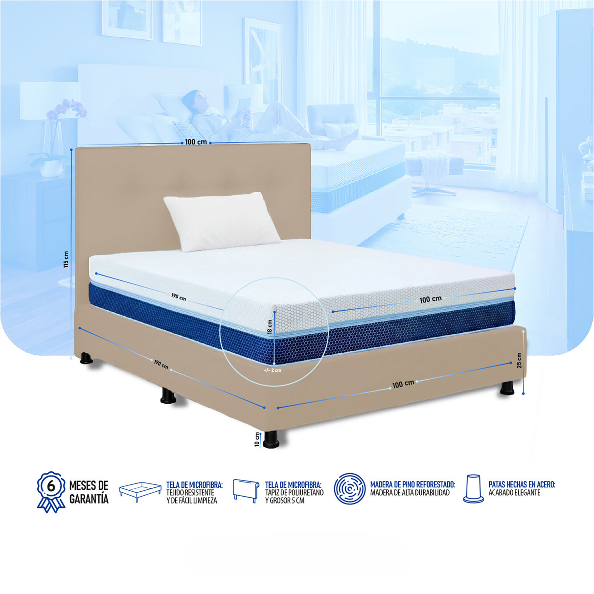 Combo Colchón Enrollado Multisleep Blanco y Arena Sencillo 100 X 190 Cm Firmeza Medio Doble Faz Con Cabecero y Base Cama