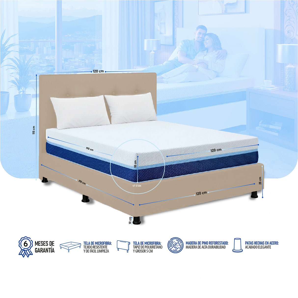 Combo Colchón Enrollado Multisleep Blanco y Arena Semidoble 120 X 190 Cm Firmeza Medio Doble Faz Con Cabecero y Base Cama
