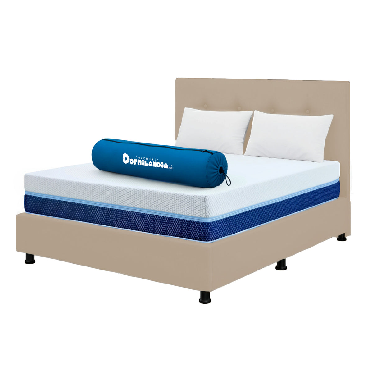 Combo Colchón Enrollado Multisleep Blanco y Arena Doble 140 X 190 Cm Firmeza Medio Doble Faz Con Cabecero y Base Cama
