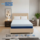 Combo Colchón Enrollado Multisleep Blanco y Arena Doble 140 X 190 Cm Firmeza Medio Doble Faz Con Cabecero y Base Cama