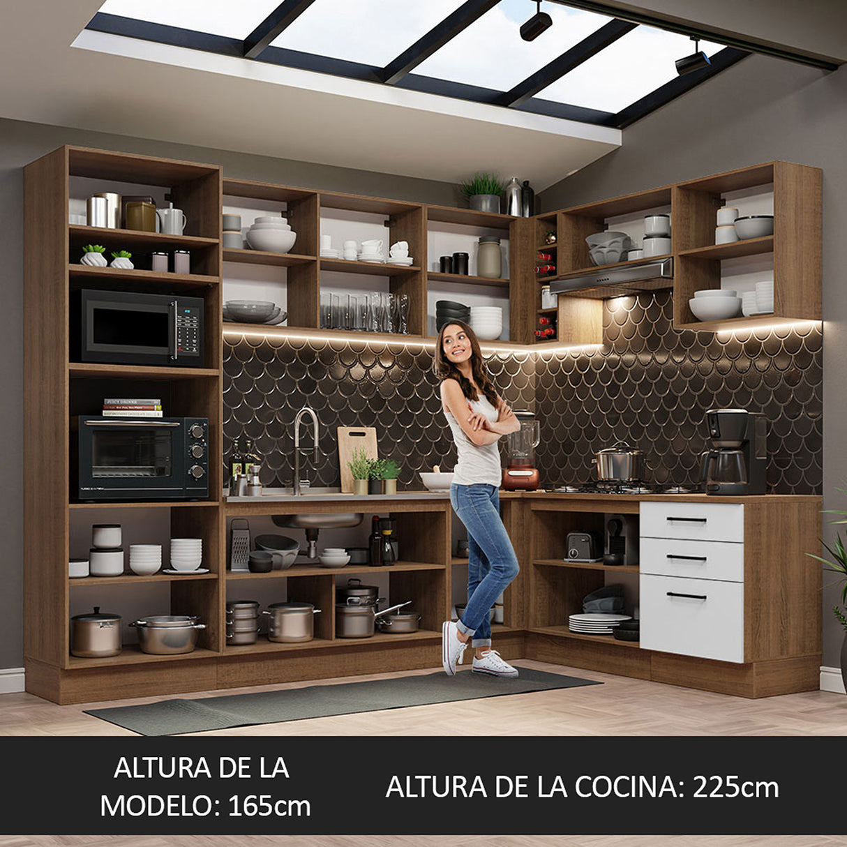 Cocina Integral Agata Marrón y Blanco 479x225cm sin Mesón para Pozuelo Izquierda y sin Estufa