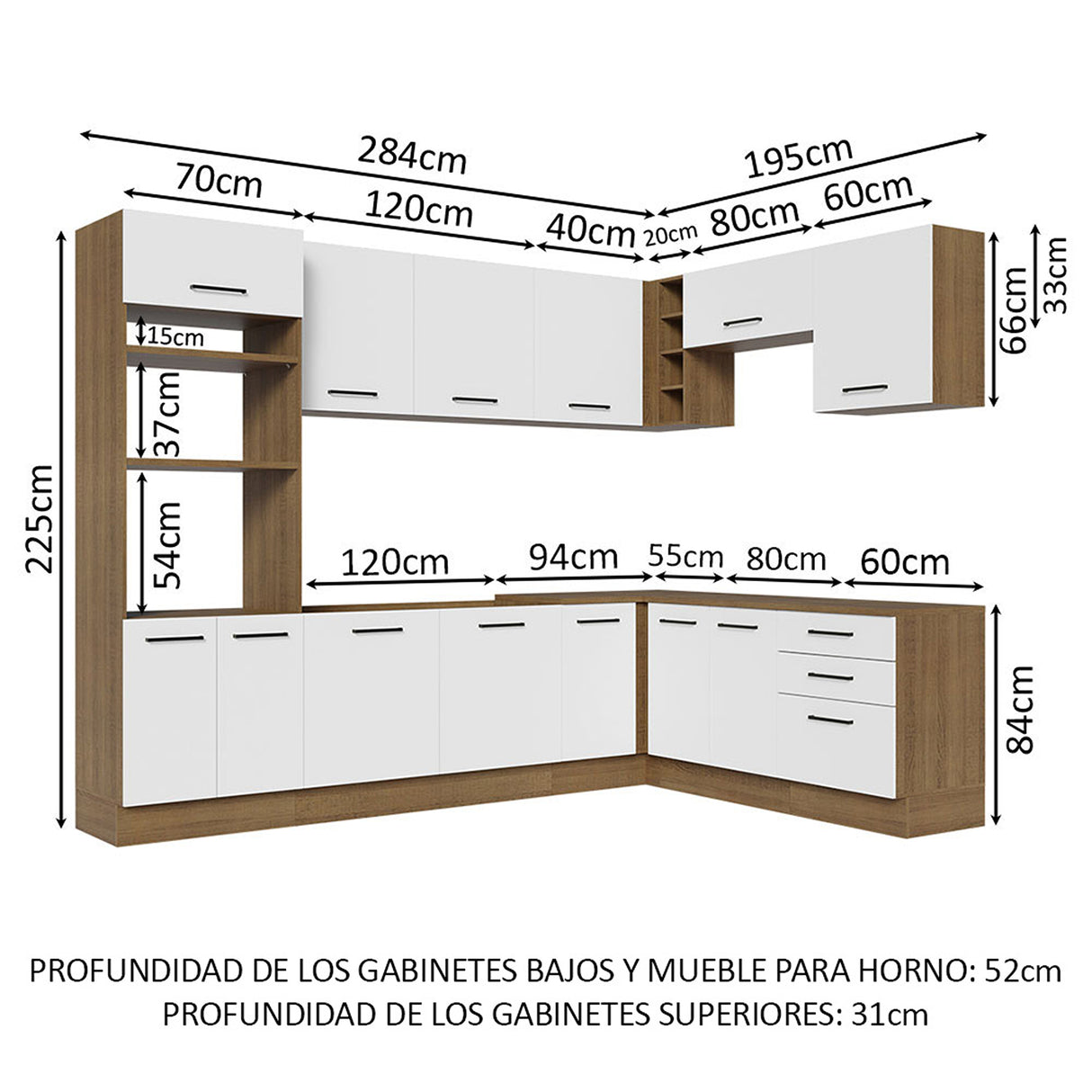 Cocina Integral Agata Marrón y Blanco 479x225cm sin Mesón para Pozuelo Izquierda y sin Estufa