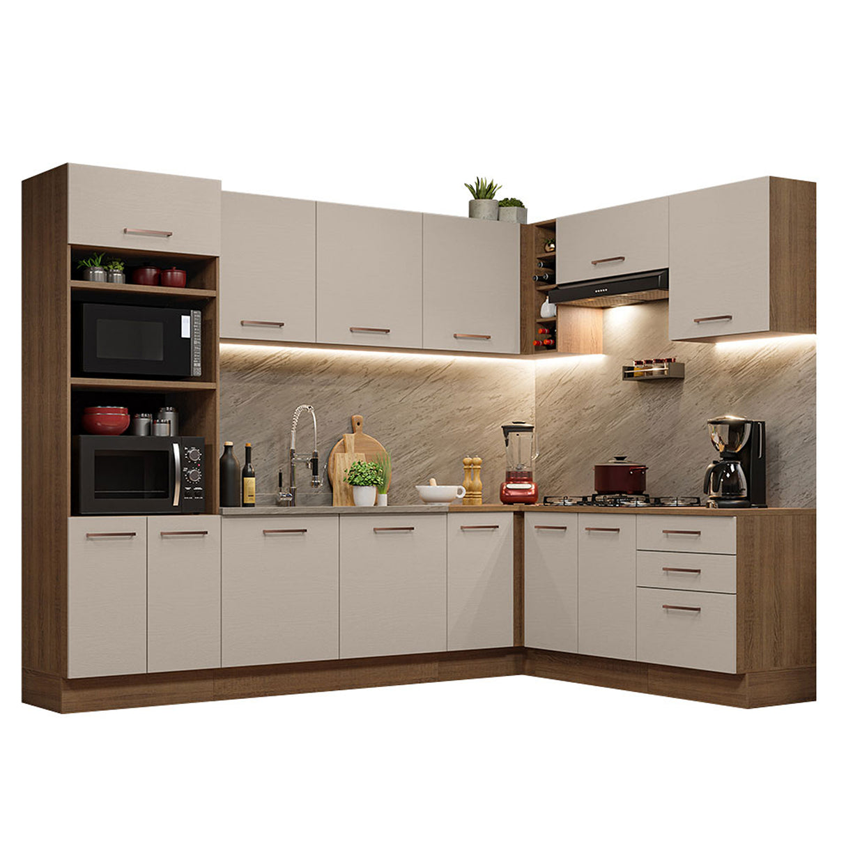 Cocina Integral Agata Marrón y Crema 479x225cm sin Mesón para Pozuelo Izquierda y sin Estufa