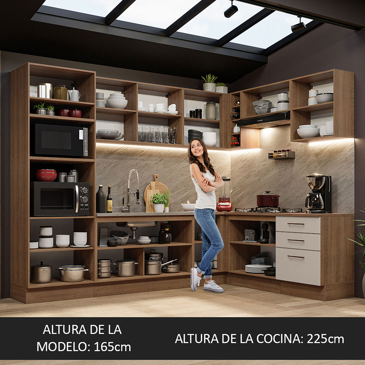 Cocina Integral Agata Marrón y Crema 479x225cm sin Mesón para Pozuelo Izquierda y sin Estufa