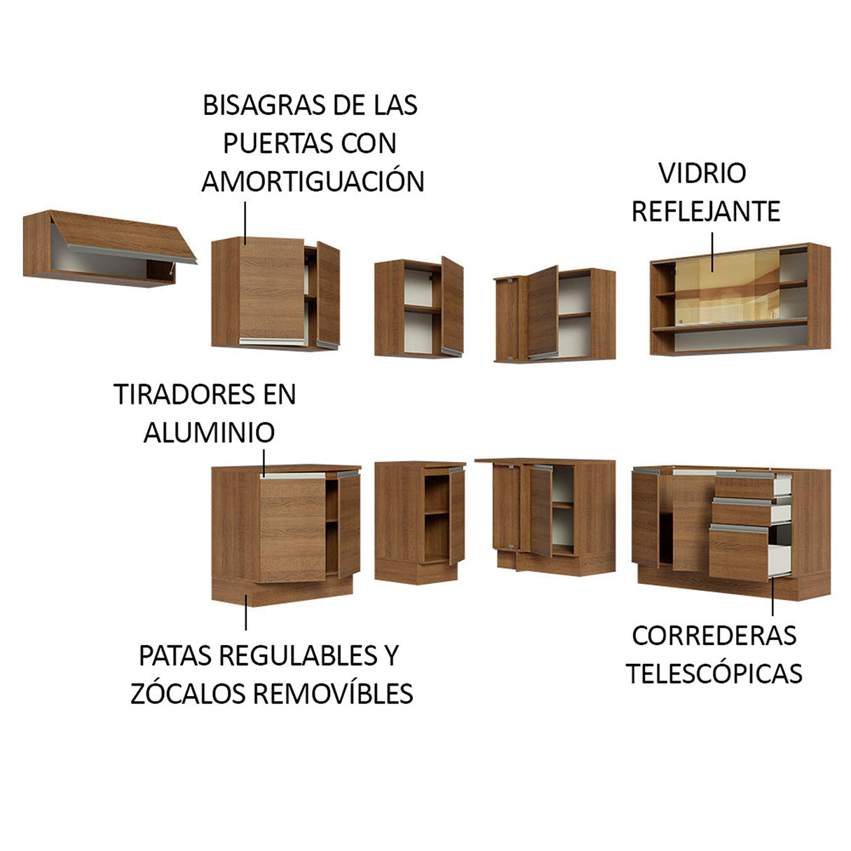 Cocina Integral Glamy Marrón 469x225cm sin Mesón para Pozuelo Izquierda y sin Estufa