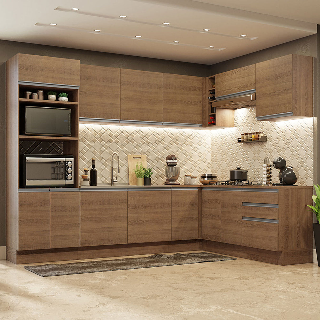 Cocina Integral Glamy Marrón 479x225cm sin Mesón para Pozuelo Izquierda y sin Estufa