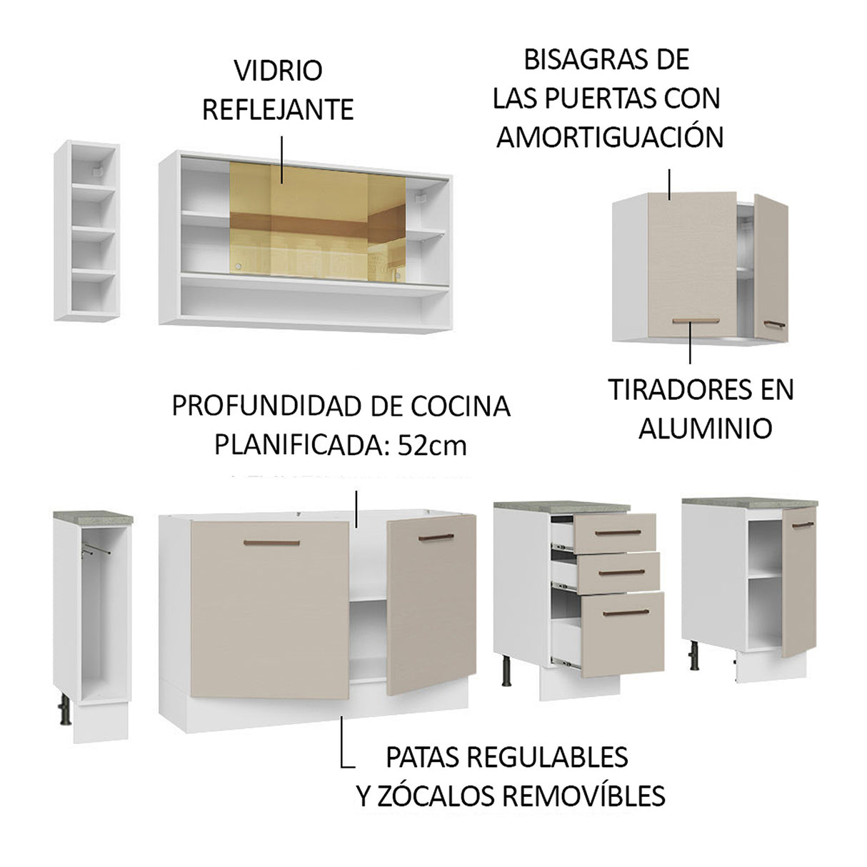 Cocina Integral Agata Blanco y Crema 220x225cm sin Mesón para Pozuelo Izquierda y sin Estufa