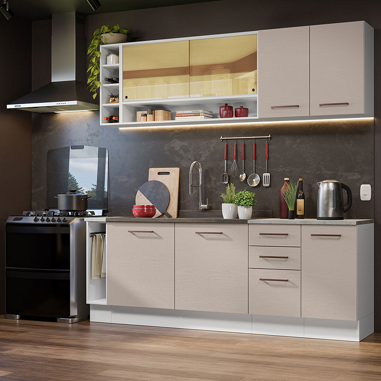 Cocina Integral Agata Blanco y Crema 220x225cm sin Mesón para Pozuelo Izquierda y sin Estufa