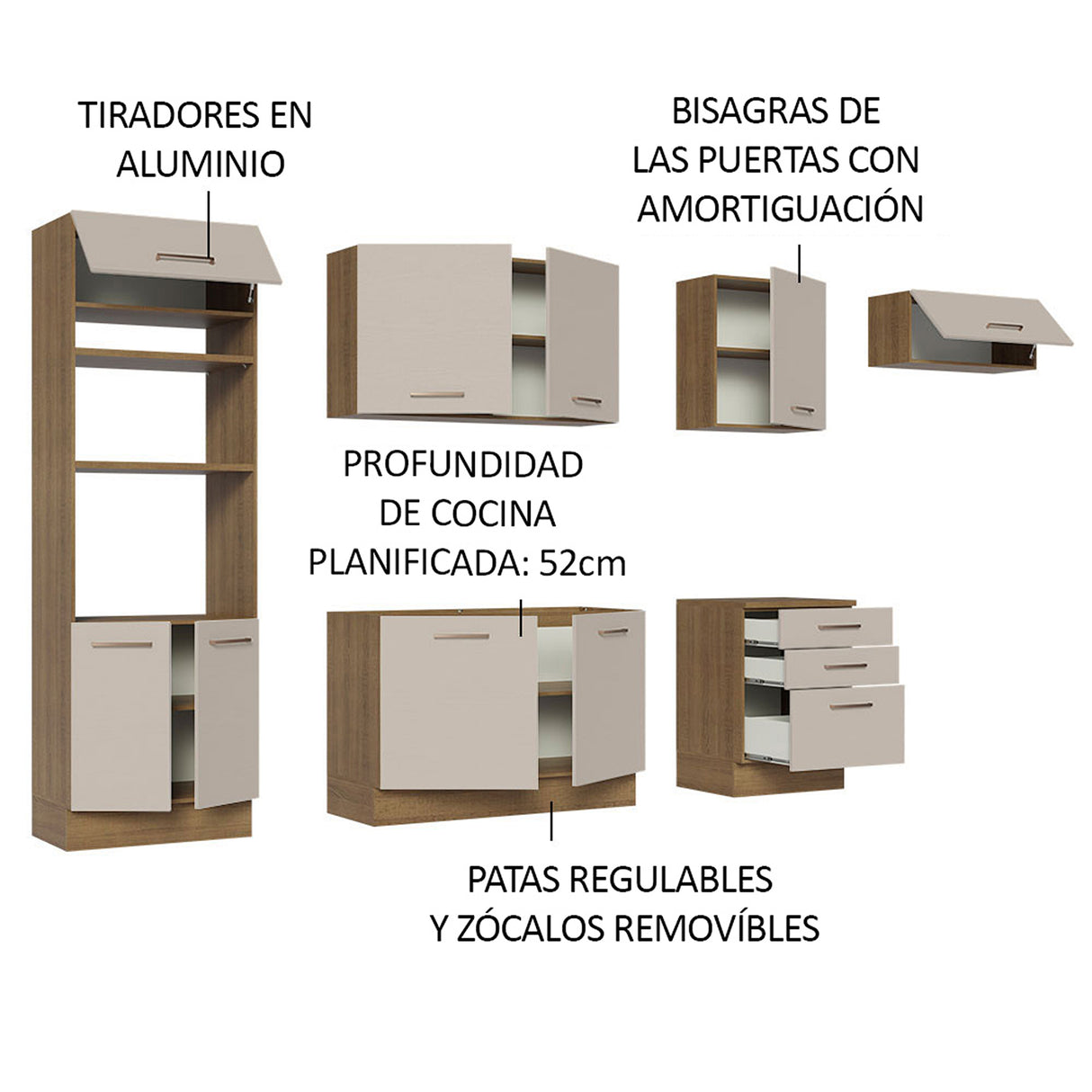 Cocina Integral Agata Marrón y Crema 330x225cm sin Mesón para Pozuelo Izquierda y sin Estufa