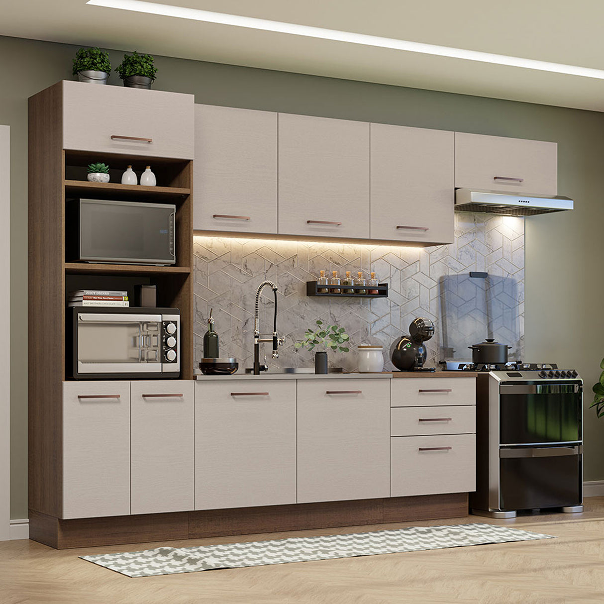 Cocina Integral Agata Marrón y Crema 330x225cm sin Mesón para Pozuelo Izquierda y sin Estufa