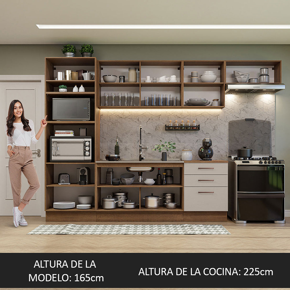 Cocina Integral Agata Marrón y Crema 330x225cm sin Mesón para Pozuelo Izquierda y sin Estufa
