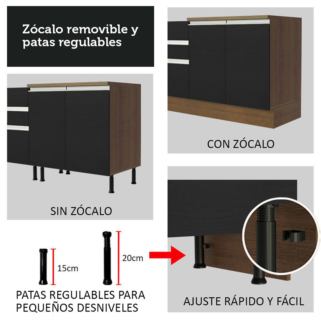 Cocina Integral Glamy Marrón y Negro 180x225cm con Mesón de Madera Aglomerada Mdp y sin Estufa