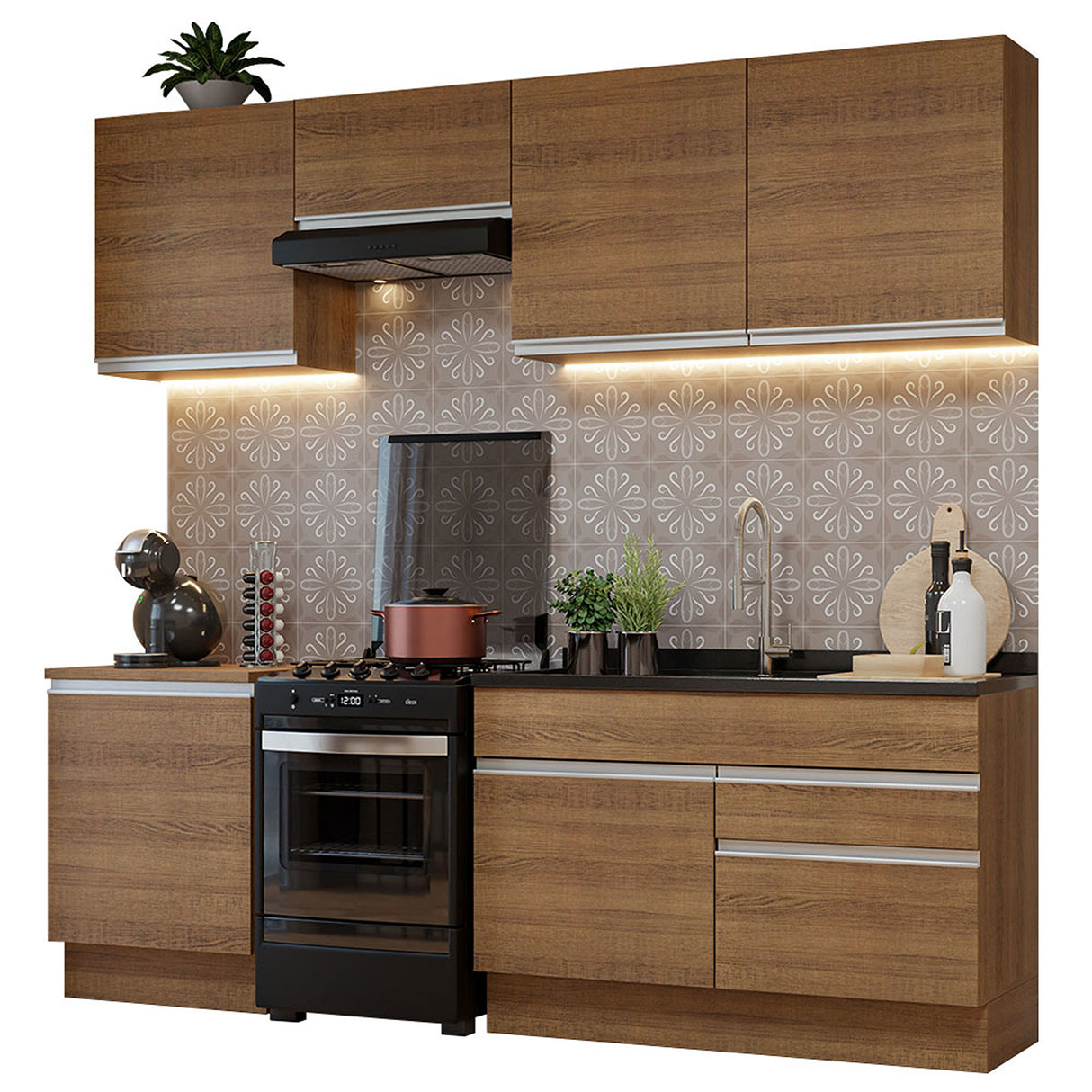 Cocina Integral Glamy Marrón 240x225cm sin Mesón para Pozuelo Izquierda y sin Estufa