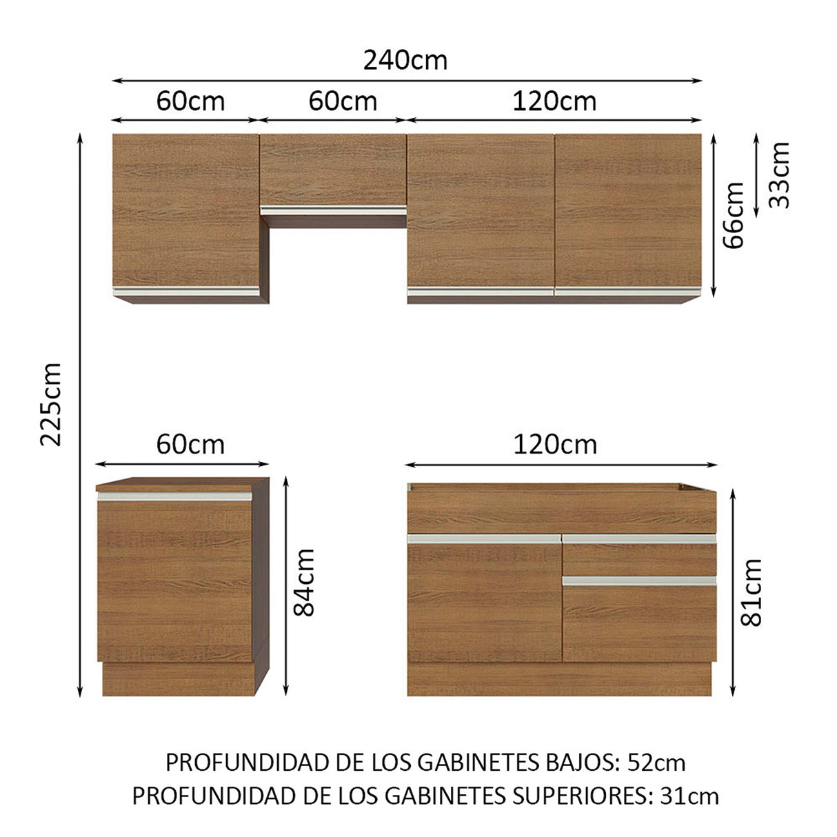 Cocina Integral Glamy Marrón 240x225cm sin Mesón para Pozuelo Izquierda y sin Estufa