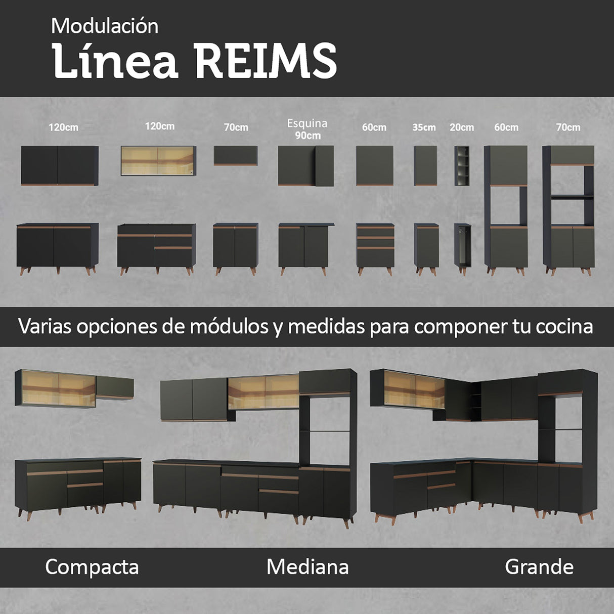 Cocina Integral Reims Negro 260x210cm con Mesón de Madera Aglomerada Mdp y sin Estufa