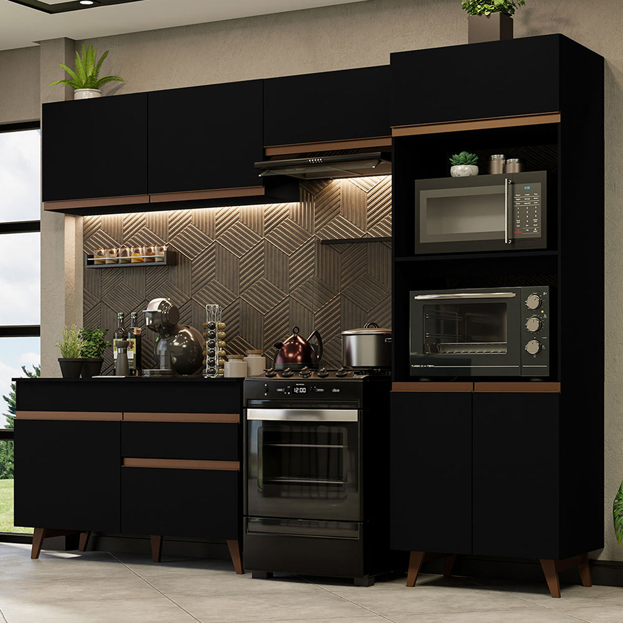 Cocina Integral Reims Negro 260x210cm con Mesón de Madera Aglomerada Mdp y sin Estufa