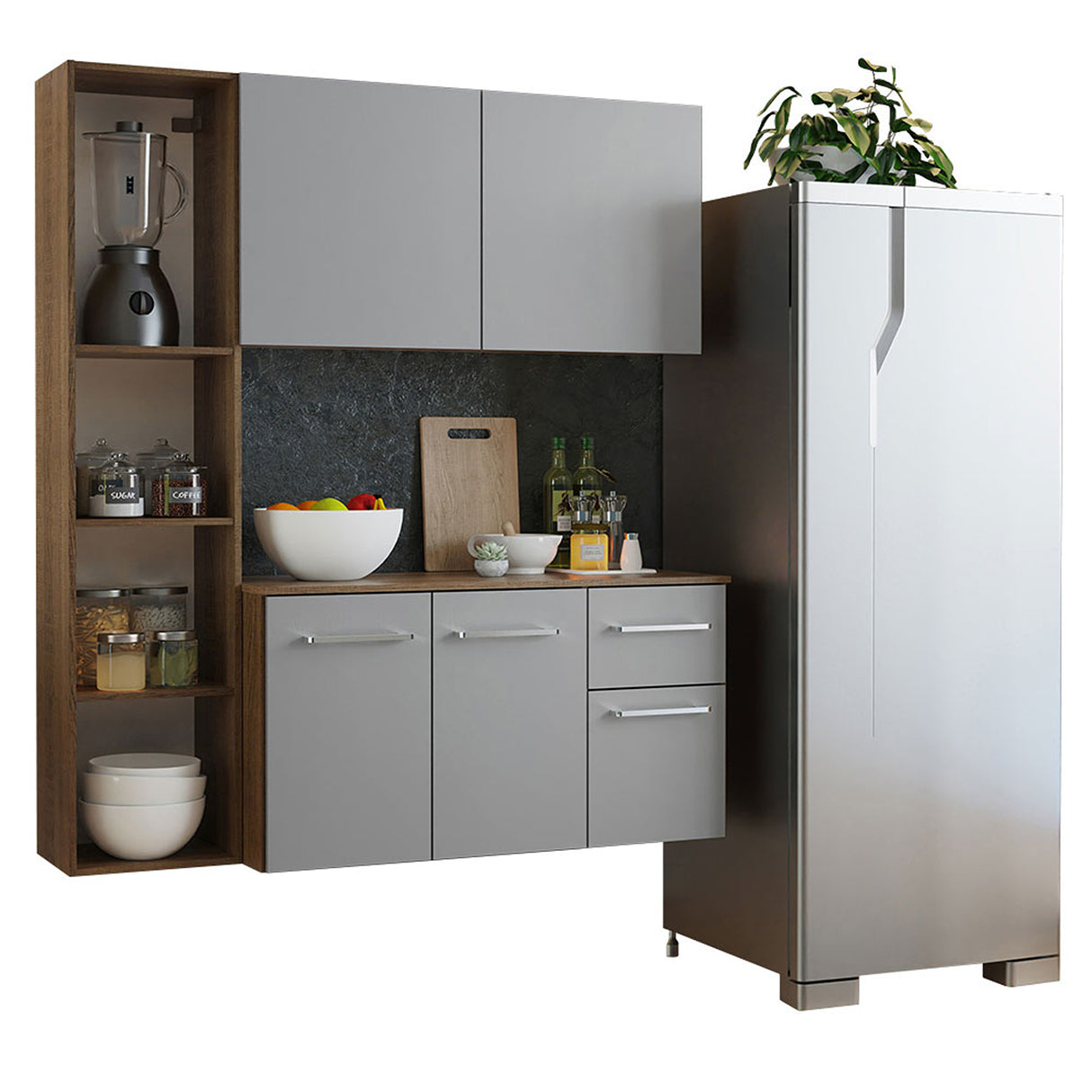 Cocina Integral Easy Marrón y Gris 120x136cm con Mesón de Madera Aglomerada Mdp y sin Estufa