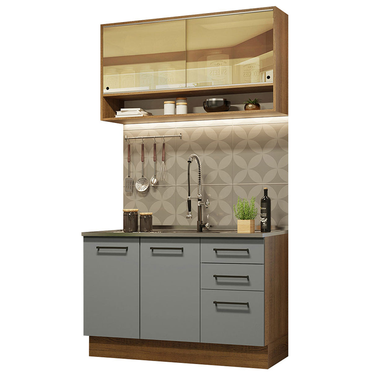 Cocina Integral Agata Marrón y Gris 120x225cm sin Mesón para Pozuelo Izquierda y sin Estufa
