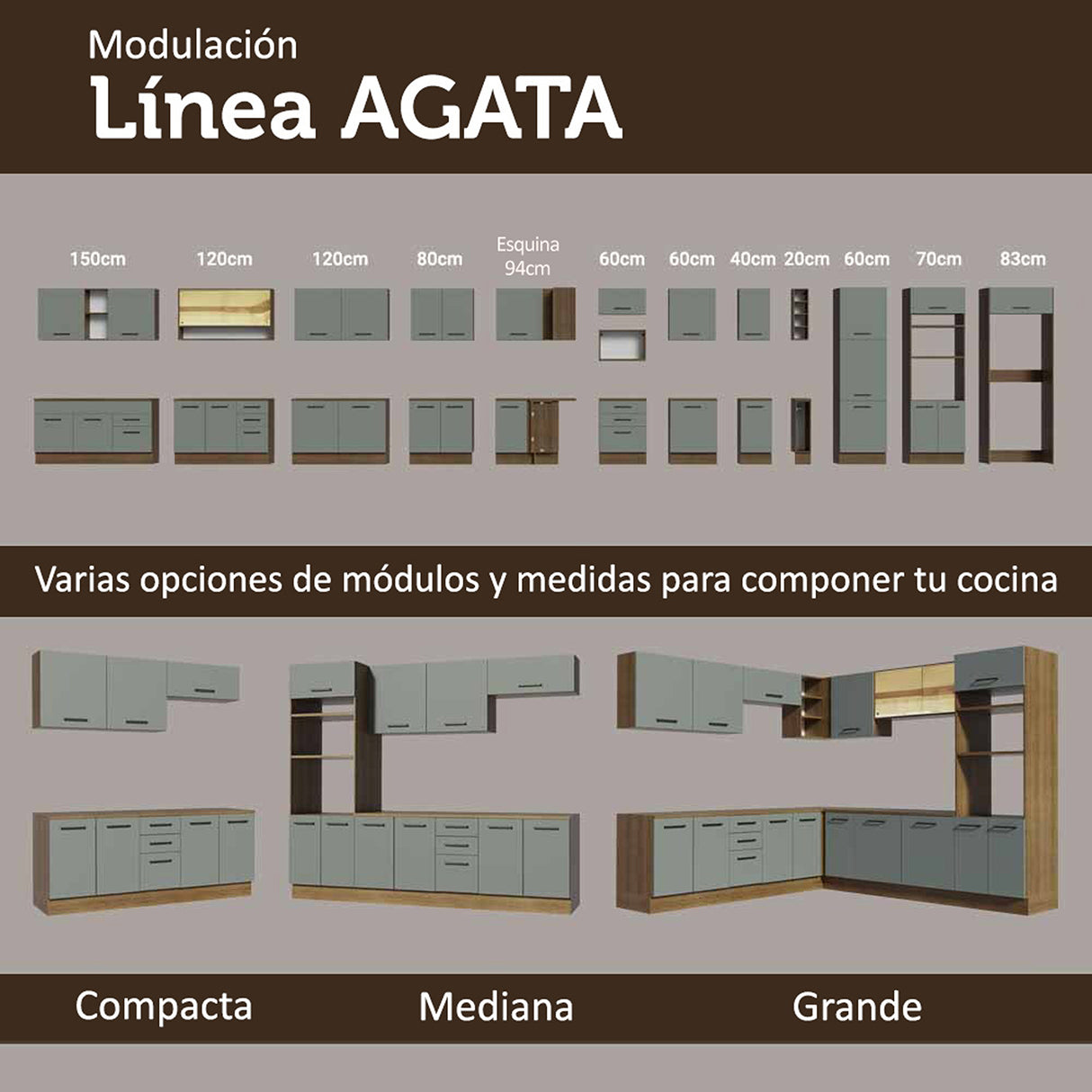 Cocina Integral Agata Marrón y Gris 120x225cm sin Mesón para Pozuelo Izquierda y sin Estufa