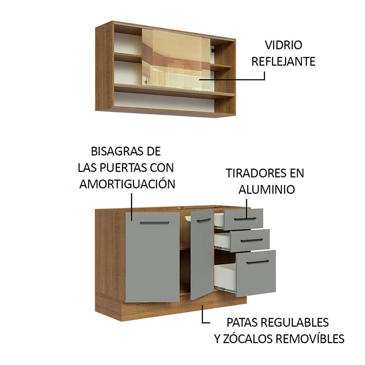 Cocina Integral Agata Marrón y Gris 120x225cm sin Mesón para Pozuelo Izquierda y sin Estufa