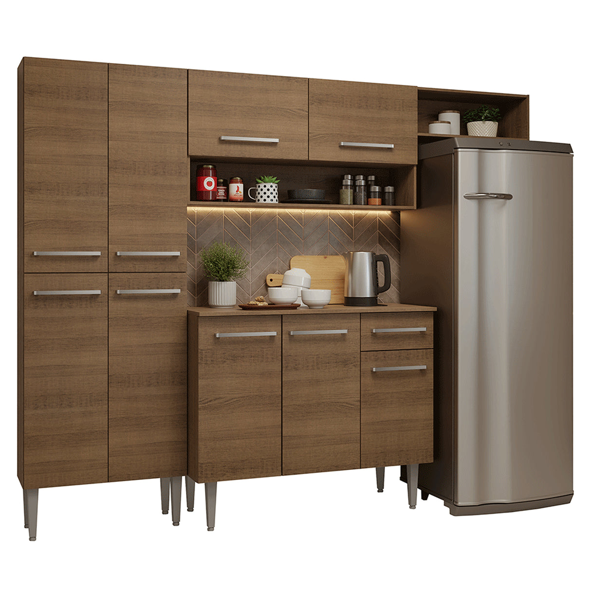 Cocina Integral Emily Marrón 229x186cm con Mesón de Madera Aglomerada Mdp con Nueve Puertas y sin Estufa