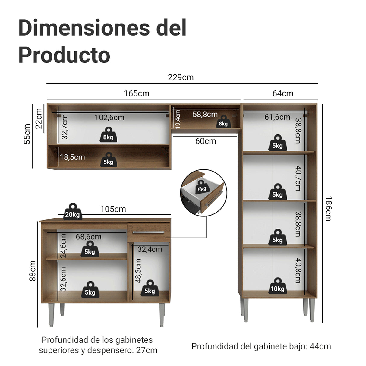 Cocina Integral Emily Marrón y Blanco 229x186cm con Mesón de Madera Aglomerada Mdp y sin Estufa