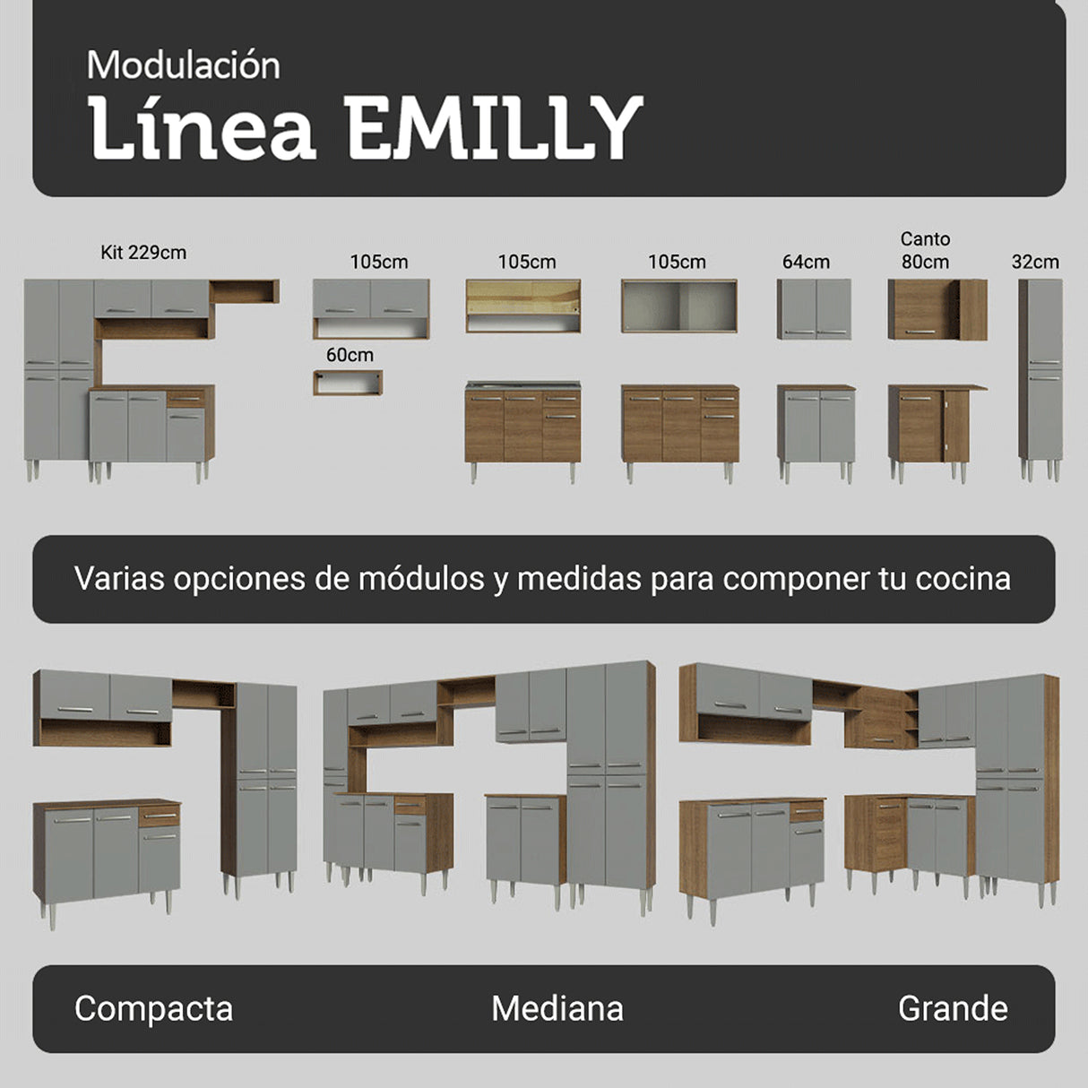 Cocina Integral Emily Marrón y Gris 229x186cm con Mesón de Madera Aglomerada Mdp y sin Estufa